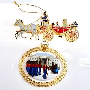 White House Christmas Gold Plated Ornaments Set of 2 Horse & Carriage & 1994 VTG